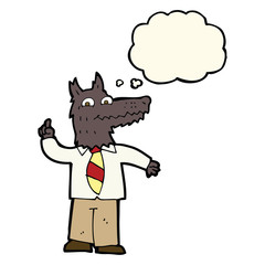 cartoon business wolf with idea with thought bubble