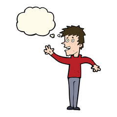 cartoon happy boy waving with thought bubble