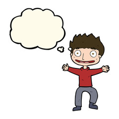 cartoon grinning boy with thought bubble
