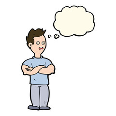 cartoon man with crossed arms with thought bubble