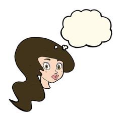 cartoon pretty female face with thought bubble