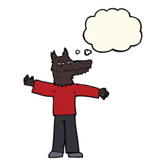cartoon happy wolf man with thought bubble