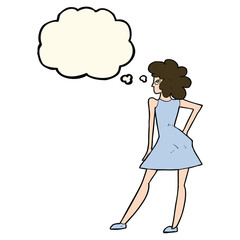 cartoon woman posing in dress with thought bubble
