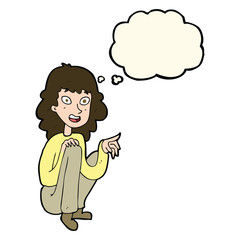 cartoon happy woman sitting and pointing with thought bubble