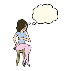 cartoon woman sitting on bar stool with thought bubble