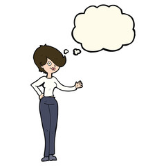 cartoon woman waving with thought bubble