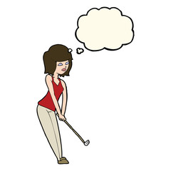 cartoon woman playing golf with thought bubble