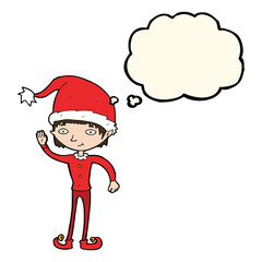 cartoon waving christmas elf with thought bubble