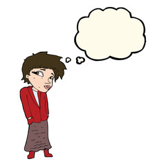 cartoon woman with hands in pockets with thought bubble