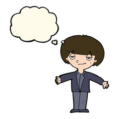 cartoon smug boy with thought bubble