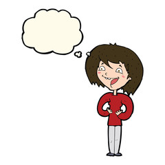 cartoon excited woman with thought bubble