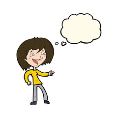 cartoon woman laughing and pointing with thought bubble