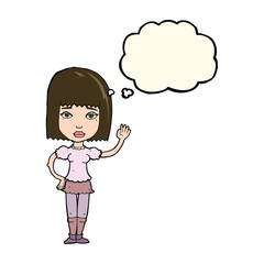 cartoon woman waving with thought bubble