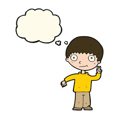 cartoon boy giving peace sign with thought bubble