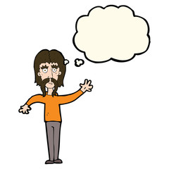 cartoon waving man with mustache with thought bubble