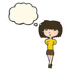 cartoon shy woman with thought bubble