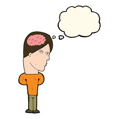 cartoon man with big brain with thought bubble