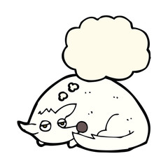 cartoon curled up dog with thought bubble