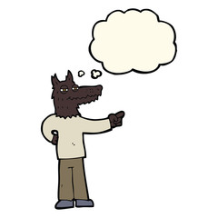 cartoon pointing wolf man with thought bubble