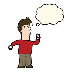 cartoon man signaling with hand with thought bubble