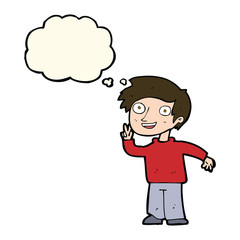 cartoon boy posing for photo with thought bubble
