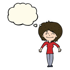 cartoon woman shrugging shoulders with thought bubble