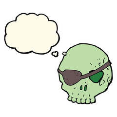 cartoon skull with eye patch with thought bubble
