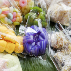 Thai dessert - many kind of Thai dessert in plastic bag at marke