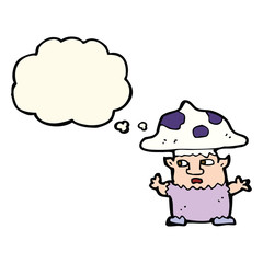 cartoon little mushroom man with thought bubble