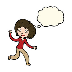 cartoon happy waving girl with thought bubble