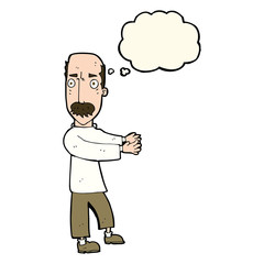 cartoon balding man explaining with thought bubble