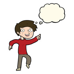 cartoon happy boy pointing with thought bubble
