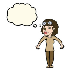 cartoon woman wearing goggles with thought bubble