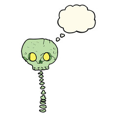 cartoon spooky skull and spine with thought bubble