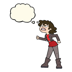 cartoon angry biker girl with thought bubble