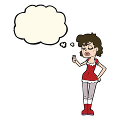 cartoon woman making dismissive gesture with thought bubble