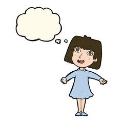 cartoon happy woman in dress with thought bubble