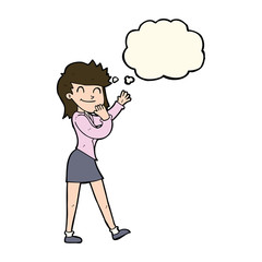 cartoon happy businesswoman with thought bubble