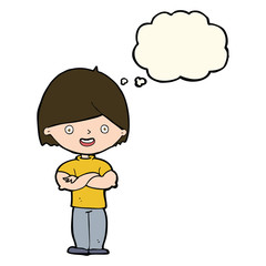 cartoon man with crossed arms with thought bubble