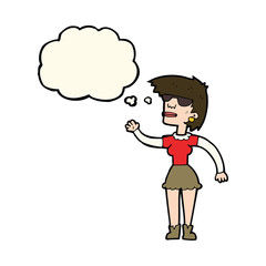 cartoon woman in spectacles waving with thought bubble