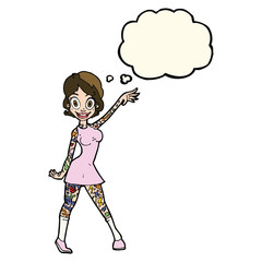 cartoon woman with tattoos with thought bubble
