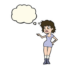 cartoon worried woman in dress pointing with thought bubble