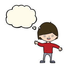 cartoon waving boy with thought bubble