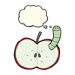 cartoon apple with worm with thought bubble