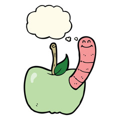 cartoon apple with worm with thought bubble