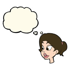 cartoon friendly woman with thought bubble