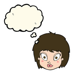 cartoon surprised female face with thought bubble