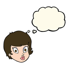 cartoon surprised female face with thought bubble