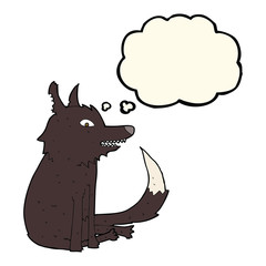 cartoon wolf sitting with thought bubble
