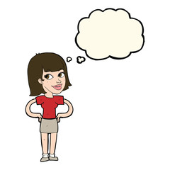 cartoon happy woman with hands on hips with thought bubble